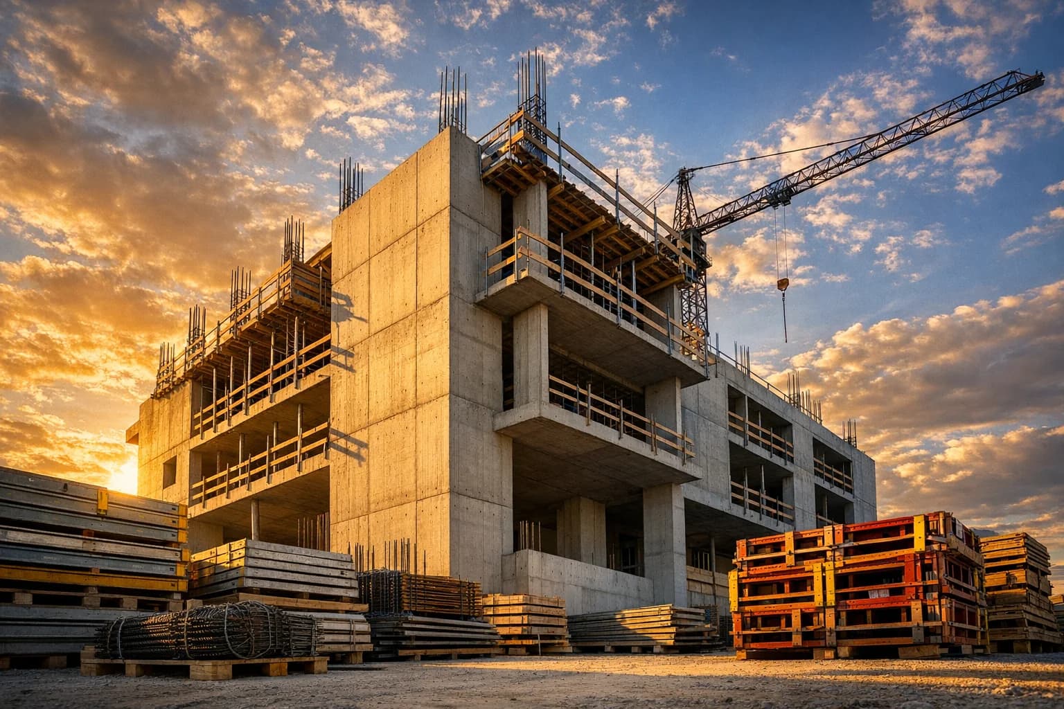 Moderner Rohbau mit Kran bei Sonnenuntergang – DIBA Sanierungs GmbH